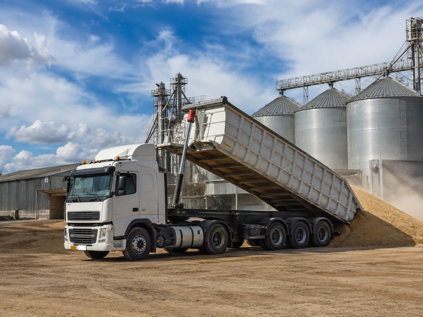 Camión basculante transportando y descargando mercancía a granel